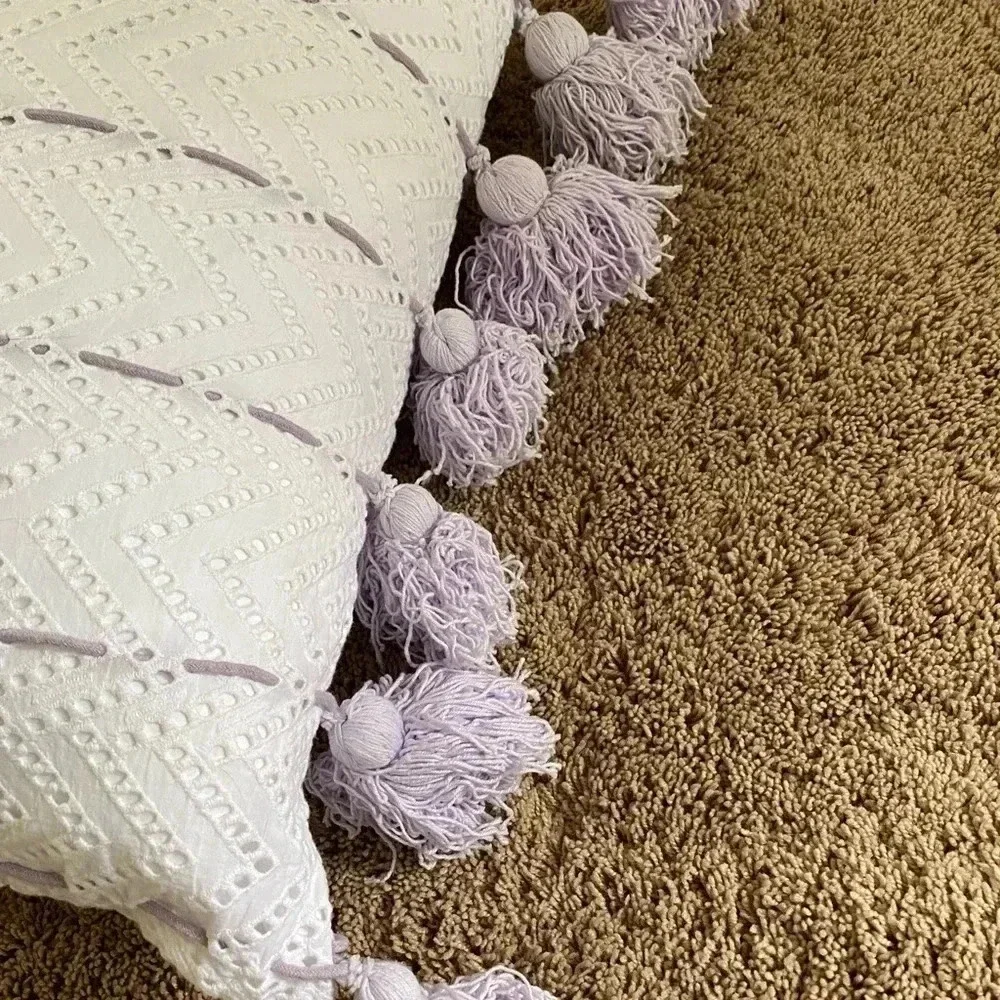 Anthropologie tasseled eyelet lavender pillow white purple tassels 22x22 square